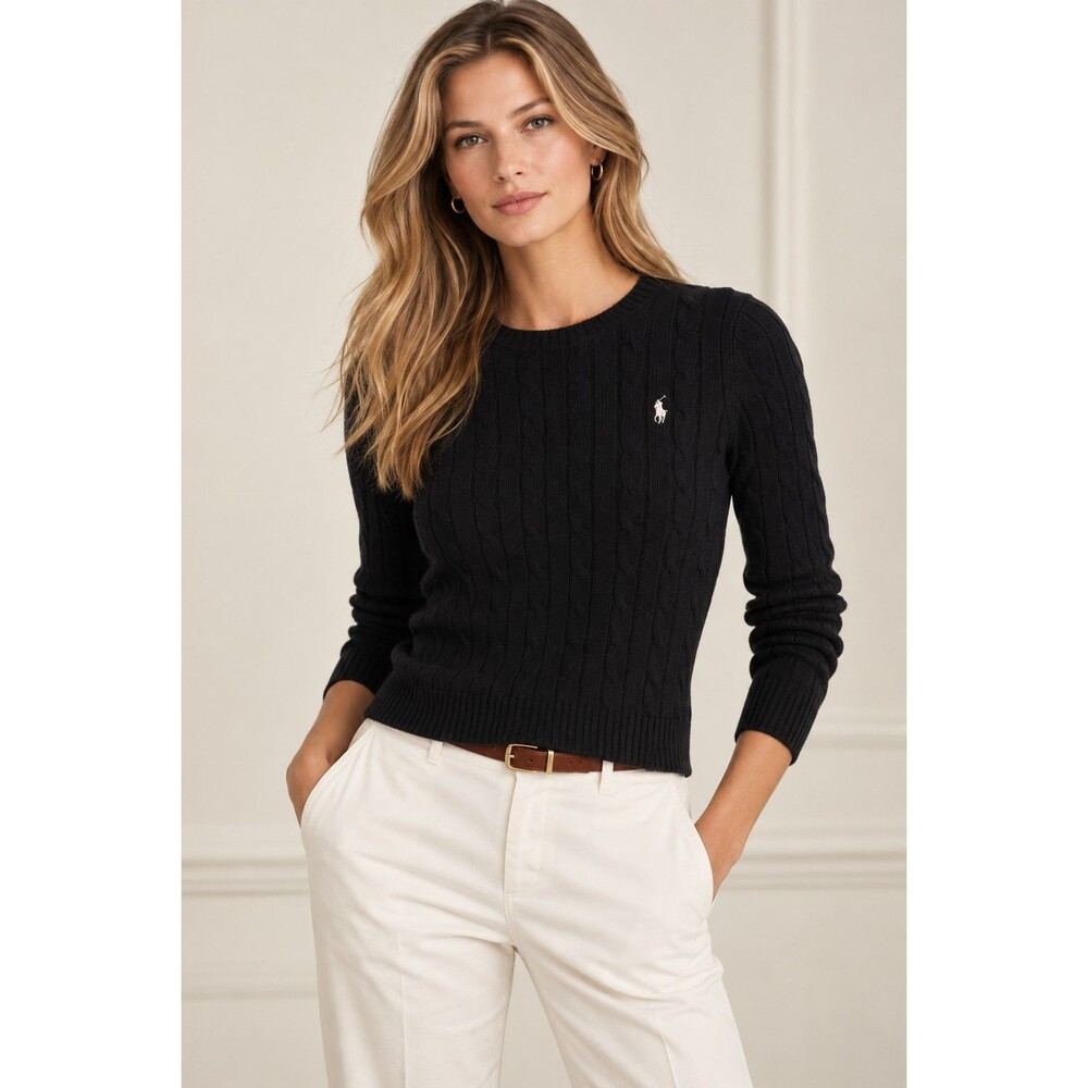 Polo Ralph Lauren Black Cable Knit Pima Cotton Sweater Size S Pony Preppy